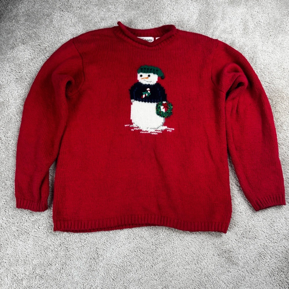 Norm Thompson Womens Red Snowman Holiday Sweater Ramie‎ Cotton NTM175 L